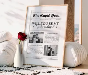 Newspaper Valentines Day Poster, Be My Valentine Wall Art, Gift For Girlfriend