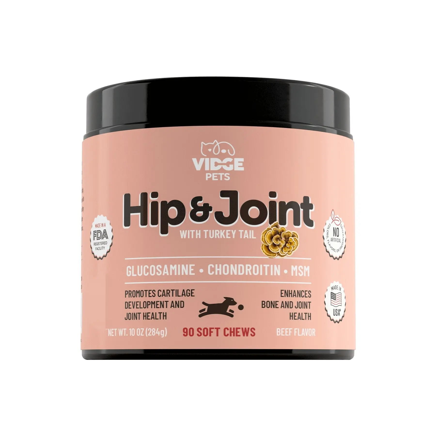 Hip & Joint Support  with Organic Turkey Tail Extract – Vidge Pets Soft Chews for Dogs with Glucosamine, Chondroitin & MSM + Green Lipped Mussel & Turmeric – Mobility & Joint Support for Adult & Senior Dogs, 60 or 90 Count