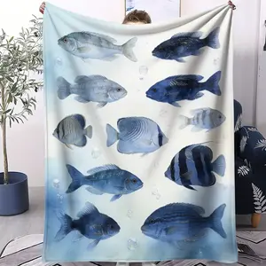 Watercolor Blue Ocean Fish Blanket, Healing Sea Life Cover, Home Warmth for Marine Enthusiasts, Cozy Indoor Throw