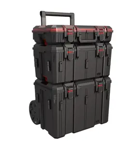 Heavy Duty 3-Piece Modular Rolling Toolbox System, Stackable Black Tool Case for Tools & Hardware Organization