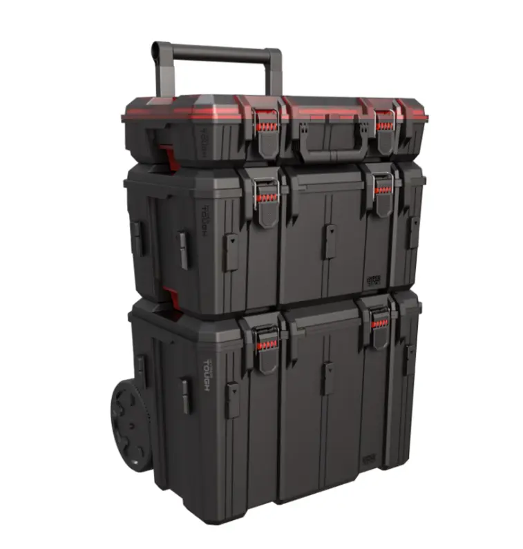 Heavy Duty 3-Piece Modular Rolling Toolbox System, Stackable Black Tool Case for Tools & Hardware Organization