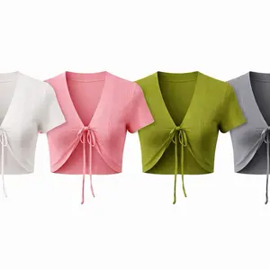 Size S Women Tie Front Crop Top – Ribbed Knit Short Sleeve Cardigan (4 Colors Pack)