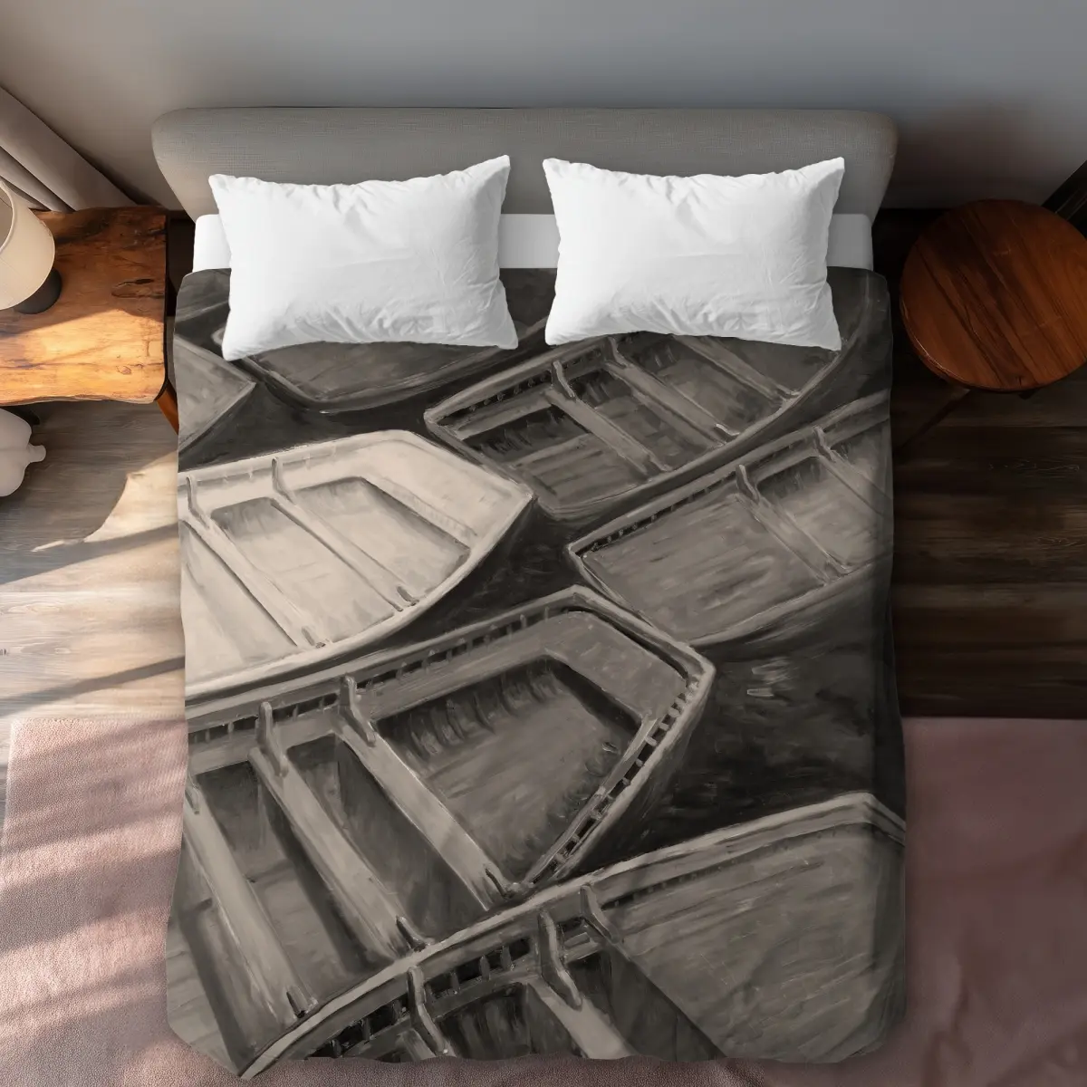 Begin Home Decor C1DCQSW0V47N25 Queen Size Small Canoes Sepia Style Duvet Cover - Coastal Home Decor