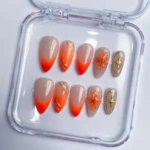 Minimani Orange Flowers 10PCS Handmade Press On Nails REUSABLE Spring 2025/Prom