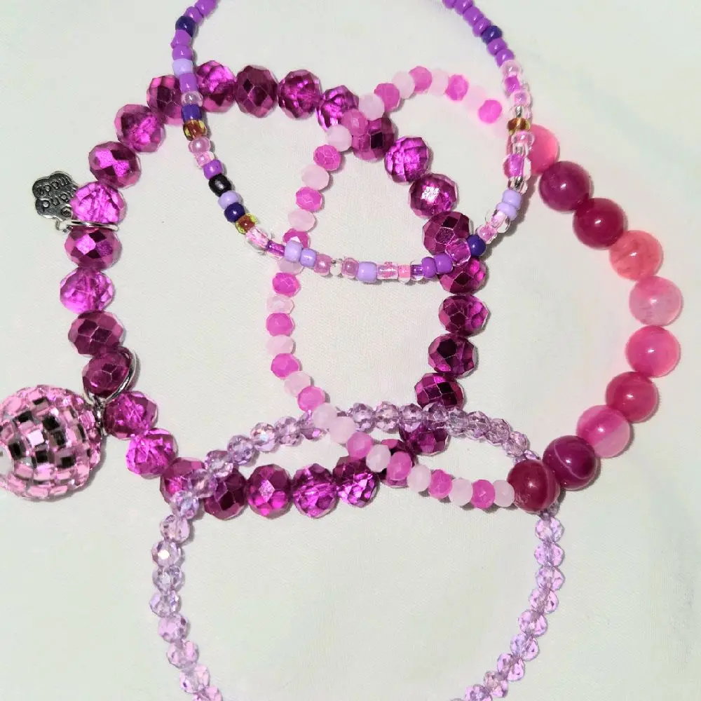 Pink Disco Ball Stack with Pink and Clear Crystal Beads Hot Pink Copper Unique Bracelet for Women