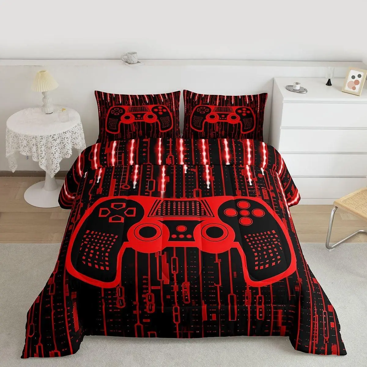 Kids Boys Red Gamer Bedding Set ,Light 3D Gaming Comforter Gamer Comforter Set for Gamepad Duvet Set Modern Game Room Decor Quilt Set Bedding Collection