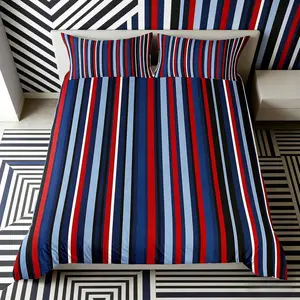 Striped Comforter Cover Full Size, Red Blue White Stripes Print Duvet Cover Set with 2 Pillowcases, Geometric Shape Modern Breathable Durable Bedspreads for Girls Teens Bedroom Gift Decor