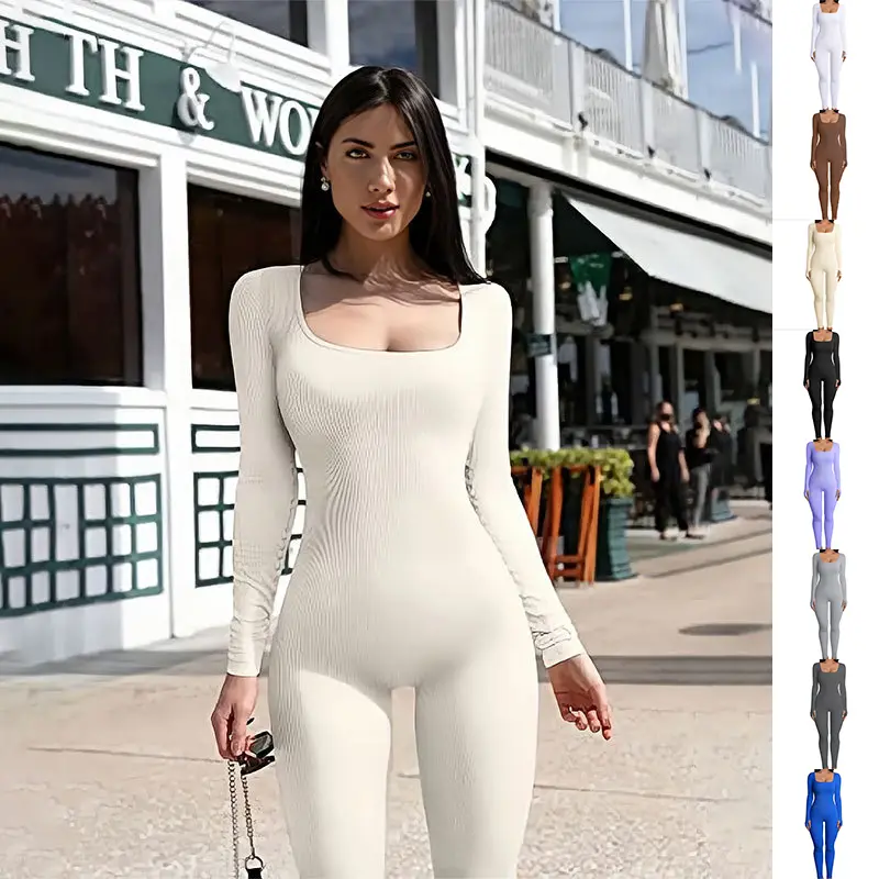 Women's Yoga Sports Fitness Jumpsuit Workout Long Sleeve Square Collar Clothing sweatsuits