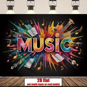 1pc Music-Themed 2D Flat Party Banner - Bold "MUSIC" Lettering, Multicolor Musical Notes, Vibrant Polyester Fabric Wall Decor, Birthday & Home Festive Supplies Backdrop
