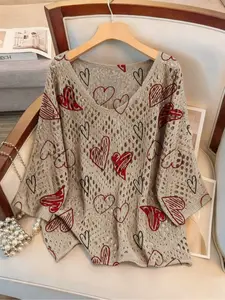 Women's Heart Print Long Sleeve Knit Top, Casual Elegant Vacation Style Sweater, Loose Batwing Shoulders, Spring Summer Fall Fashion Knitwear, Short Womenswear Clothes, Love