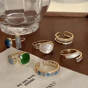 6 / set women's emerald rings Cool style, minimalist design, high-end luxury open adjustable ring tail ring