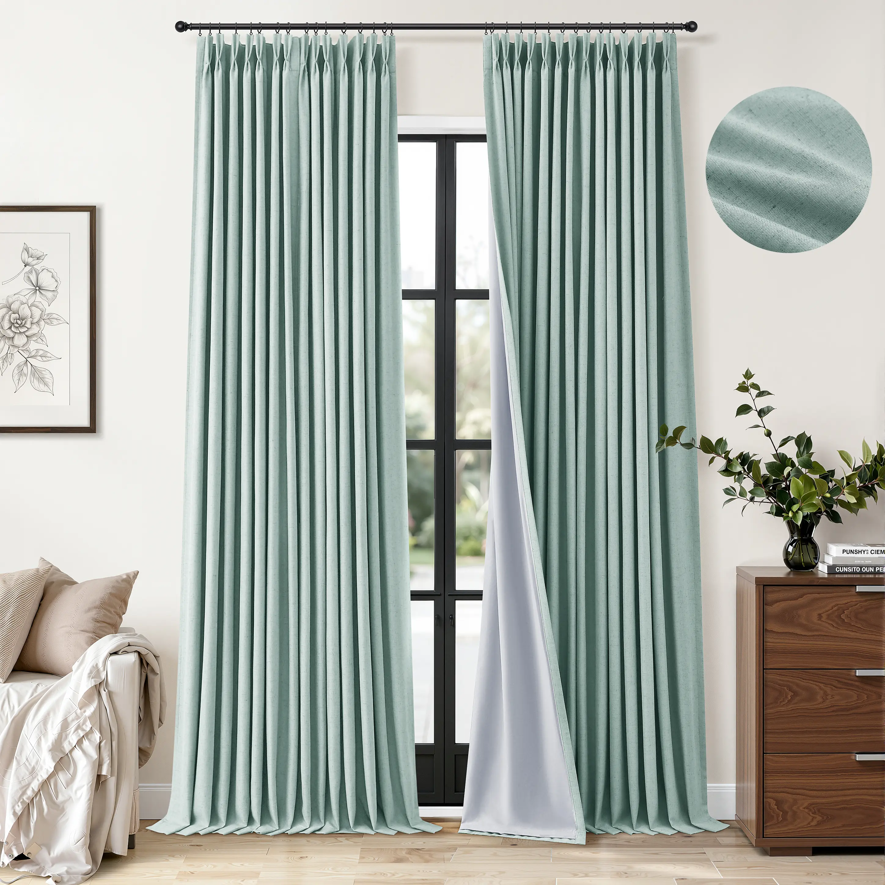 [Double-layer design]Jowels Linen Blackout Pinch Pleated Curtains 2 Panels Room Darkening Thermal Insulated Curtains for Bedroom Boho Neutral Back Tab Pinch Pleat Double Layer Drapes with Ring Hooks