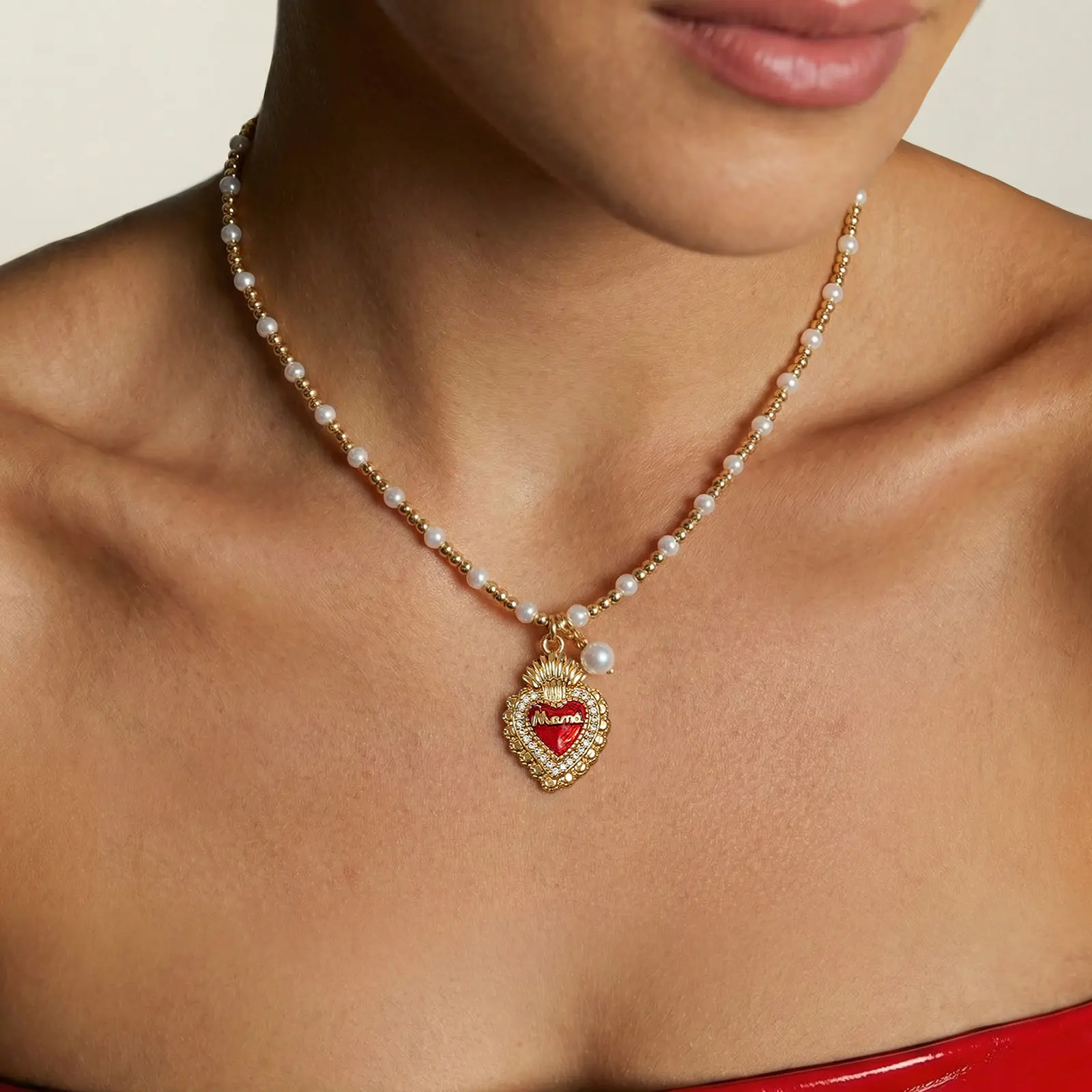 KissYan Mama Heart Pearl Choker Necklace, 14KGold Plated Red Pendant , Adjustable Layering Chain, Perfect Gift for Mom on Mother’s Day, Gem Crystal Necklaces, Gold Bead Necklaces