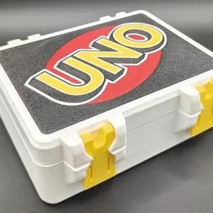 Rugged play card storage box with game logo. Single or double deck of cards