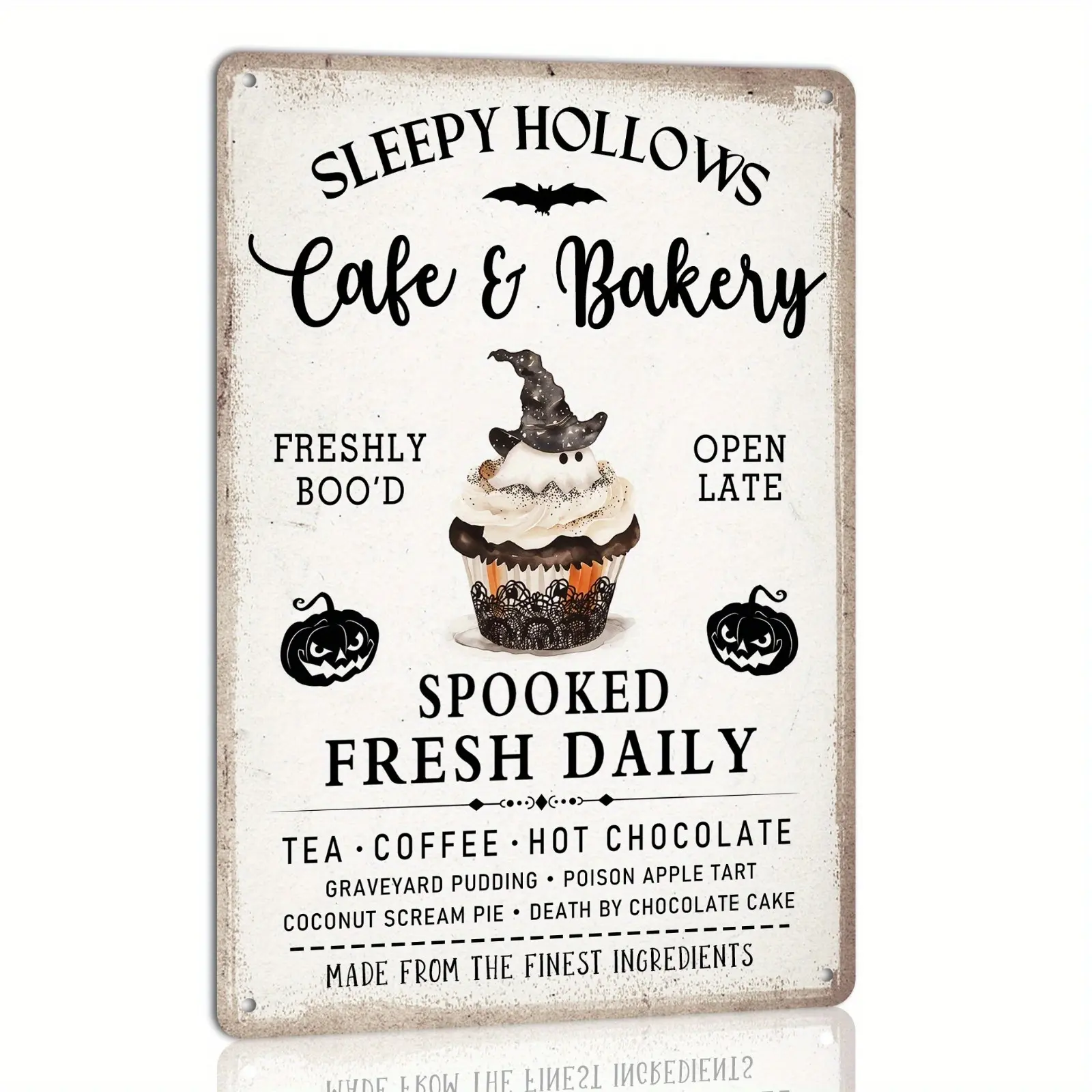 Halloween hollowing coffee & Bakery vintage metal tin sign-8x12 inch wall art for farmhouse, haunted house decor | durable & weather-resistant