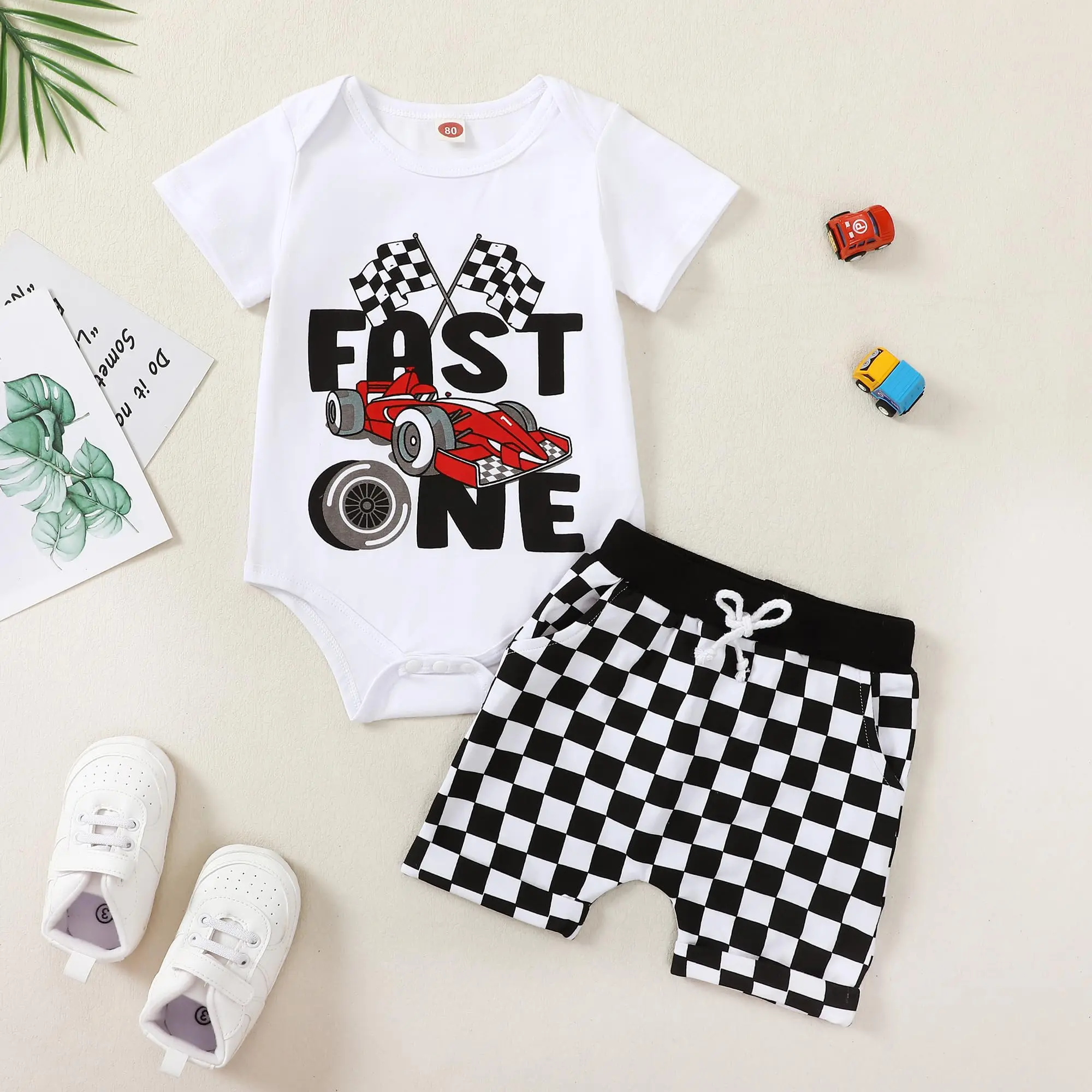 New Cute Infant Boys' 2-Piece Matching Set Clothes Gift Set - Short Sleeve Race Car & Checkered Flag Print Bodysuit, Checkered Shorts for 1st Birthday, Gift Sets