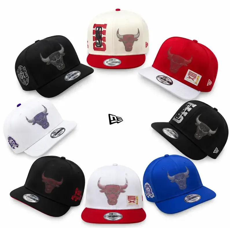 Chicago Hats Bulls New Era 9Fifty Stretch Snapback Hat – Curved Brim Adjustable NBA Cap – Black, White, Red, Purple, Blue & Cream Colors
