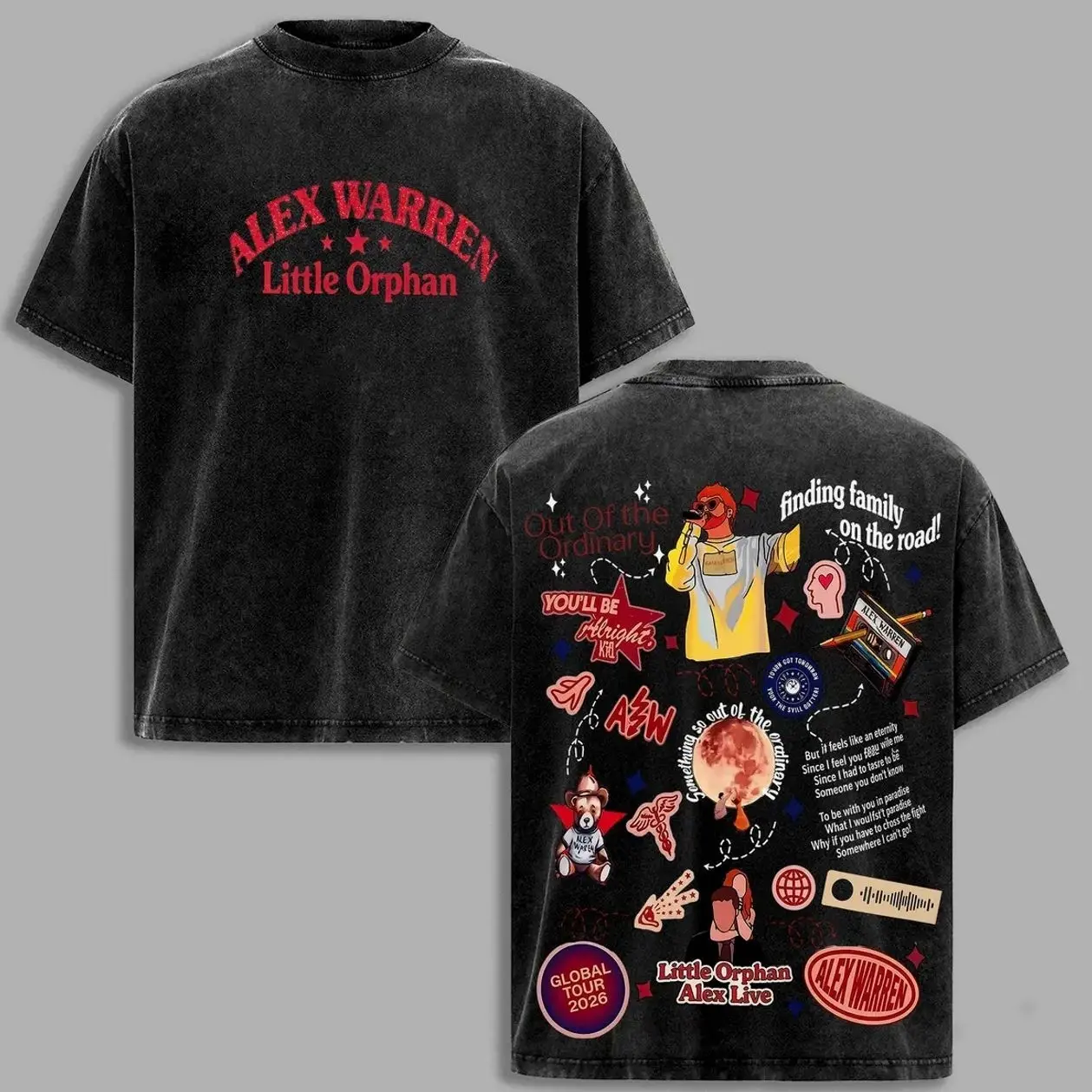 Alex Warren Little Orphan 2026 Tour T-Shirt - Vintage Wash Graphic, Oversized, Short-Sleeve, Seamless, Ribbed Fabric, Round Neck, Soft, Stylish, Casual Streetwear Tee, Y2000 Internet Fashion 2RQ