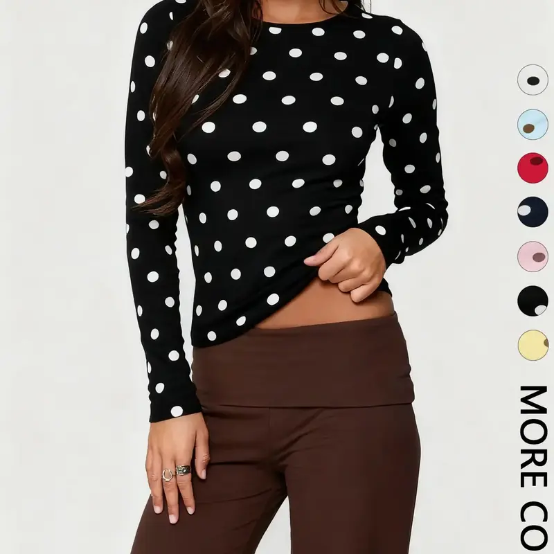 【Black Friday】Women’s Polka-Dot Print Long-Sleeve Cropped Top, Vintage-Inspired Slim-Fit Style for Dates, Shopping and Casual Wear