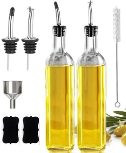 Olive Oil Dispenser Bottle, 2 Pcs Glass Olive Oil Dispenser and Vinegar Dispenser Set with 2 Stainless Steel Pourers, 4 Labels,1 Brush and 1 Funnel Oil Bottles for Kitchen (500ml)