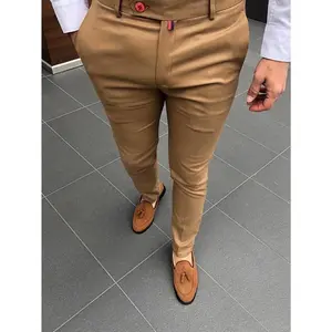 Classic Design Slim Fit Elegant Dress Pants, Men's Semi Formal Solid Color Slightly Stretch Dress Pants For The Four Seasons Business Banquet Party, Old Money Style Beige Suits
