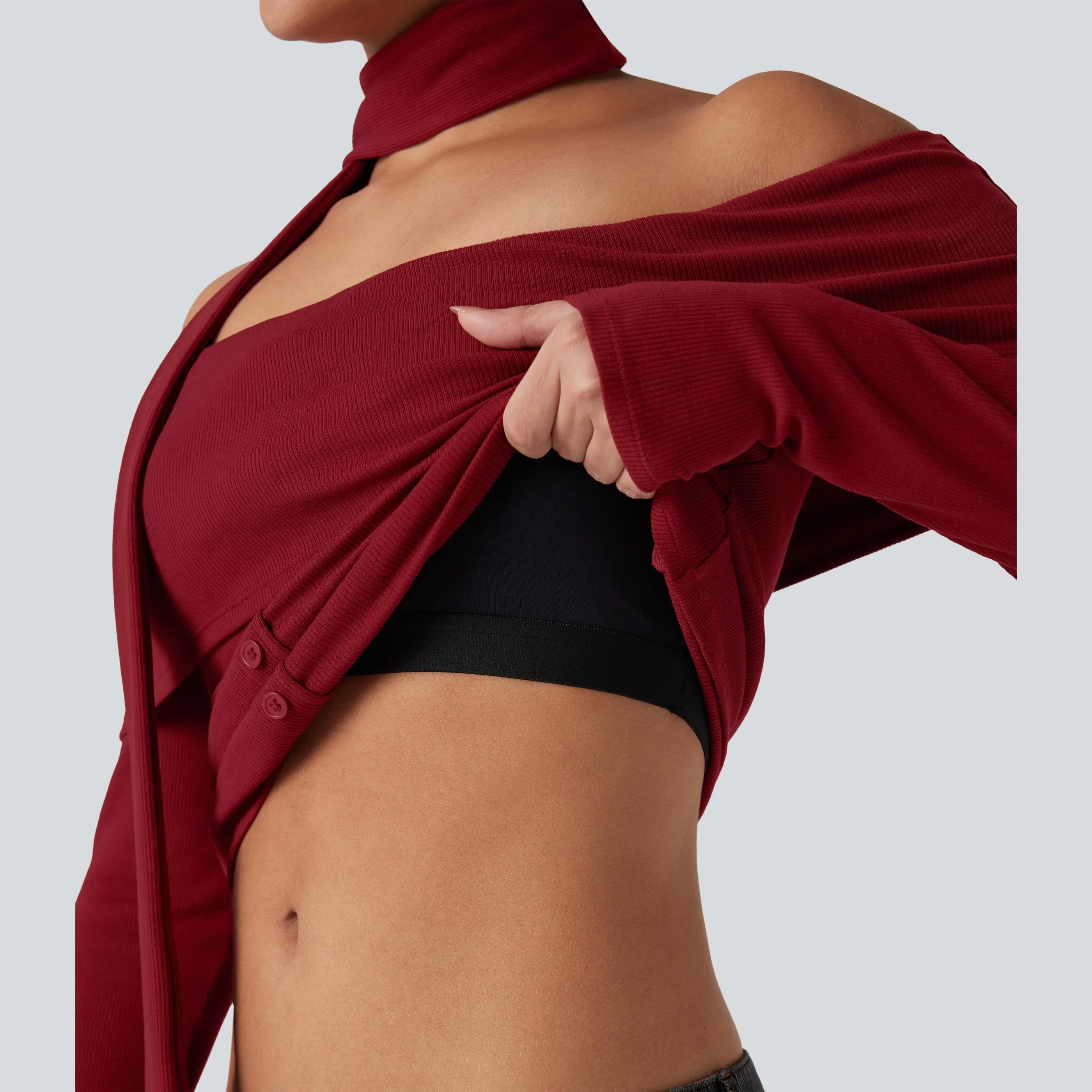 Halara Ribbed Knit Off-shoulder Long Sleeve Built-in Bra Casual Top with Scarf