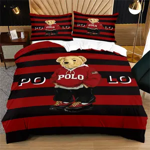 Red top with teddy bear print pattern duvet cover set, including 1 duvet cover and 1 or 2 pillowcases, without a core or pillow, suitable for bedroom or dormitory bedding set, suitable for gift giving or personal use
