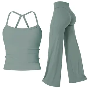 Jetjoy Workout Sets for Women 2 Piece, Gym Sets for Women 2 Piece Backless Sports Bras Halter Top(non-padded) Wide Leg Pants  athleisure Fitness & Casual Wear Yoga Outfits Gym Tracksuit summeroutfit