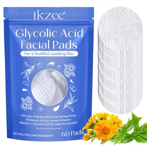 ikzee Glycolic Acid Facial Pads 60 Sheets, Contains 10% Glycolic Acid & 2% Salicylic Acid, Aha Bha Clarifying, Deep Cleaning, Oil Control, Unisex Use