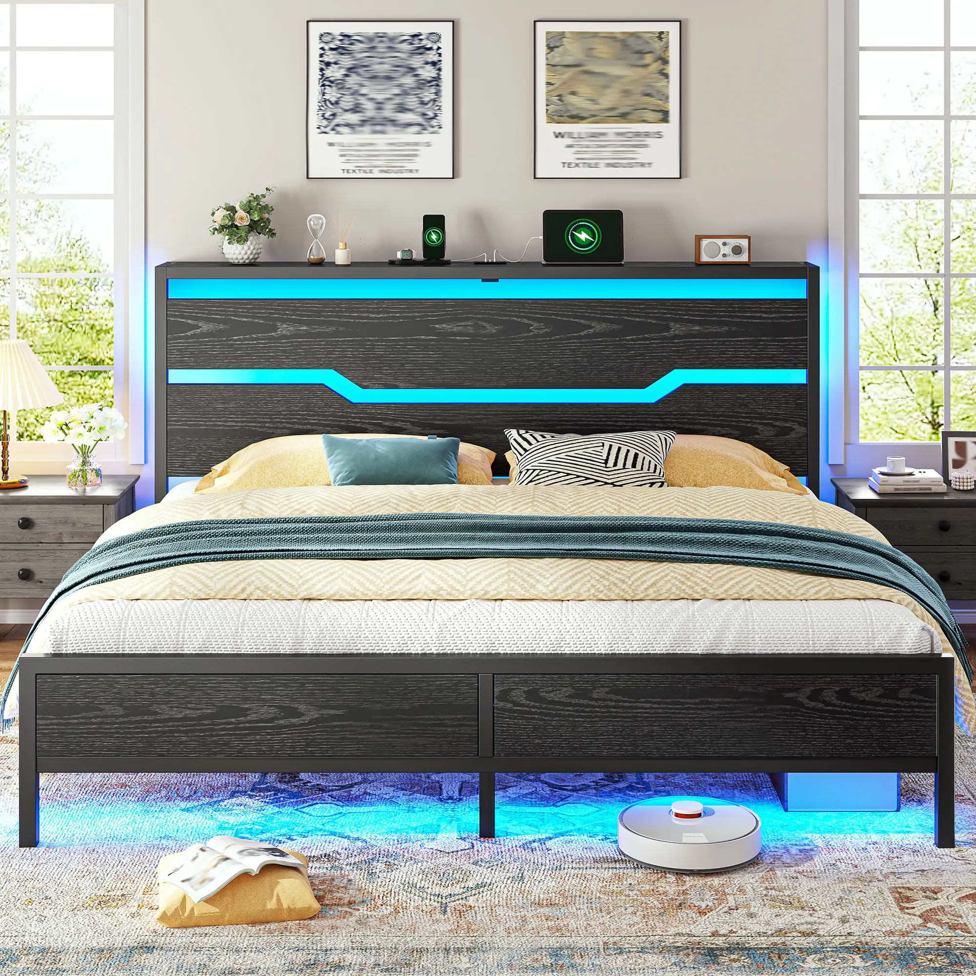 Raybee Furniture Wood Bed Frame for Queen King Full with Headboard & Storage Shelf, Queen Size Bed Frame with LED Lights & Charging Station, No Mattr