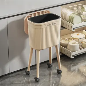 Tall Kitchen Trash Can with Lid & 360° Wheels, No-Bend Standing Waste Bin with Removable Inner Bucket & Odor-Proof Lid, Pull-Out Design for Kitchen Food Waste Disposal, Cream White/Wine Red