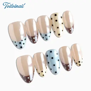 10pcs Shimmer French Tips Short Almond Handmade Press-On Nails,Pearl Powder Nails,Black Polka Dots Nails,Yellow Blue And Brown Nails,Sweet Style,Nail Supplies,Fake Nails,Suitable For Women's Fall And Winter Christmas Parties, Dances, Daily Casual Wear