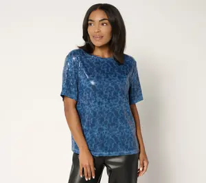 Susan Graver Occasions Printed Sequin Short-Sleeve Top