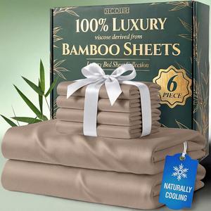 DECOLURE Bamboo Sheets 6pc Set 100% Viscose Ultra-Soft 17” Deep Pocket Double Stitching OEKO-Tex Certified Cooling Bedding for Hot Sleepers