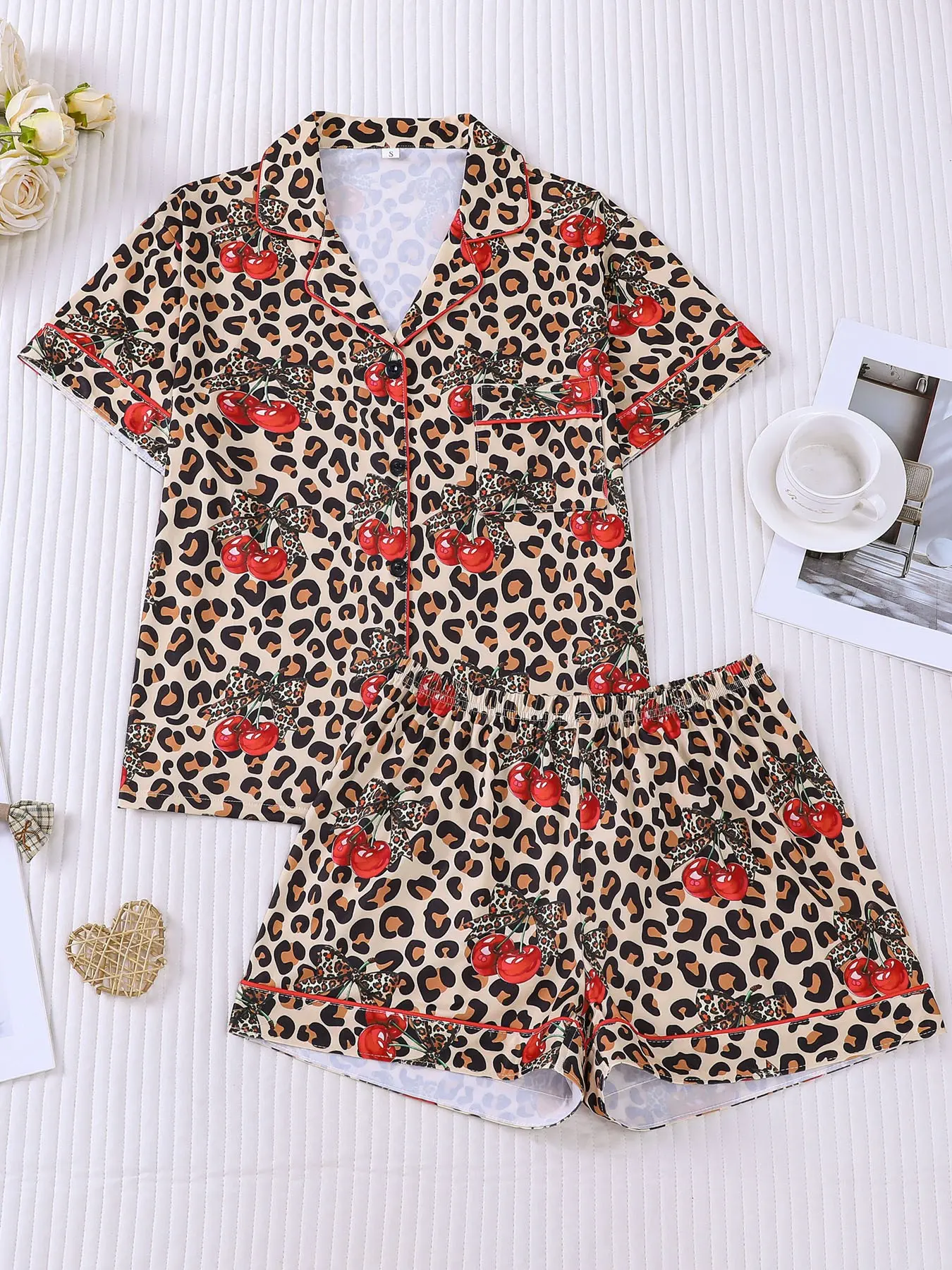 Women's 2-Piece Leopard Cherry & Bow Print Pajama Set, Sweet & Edgy Baddie Style Loungewear Pajamas Set with Red Piping, Short Sleeve Lapel Top with Small Pocket & Elastic Waist Shorts, Soft Comfy All-Season Casual Sleepwear for Ladies, Pj Shorts