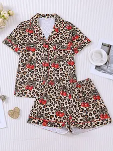 Women's 2-Piece Leopard Cherry & Bow Print Pajama Set, Sweet & Edgy Baddie Style Loungewear with Red Piping, Short Sleeve Lapel Top with Small Pocket & Elastic Waist Shorts, Soft Comfy All-Season Casual Sleepwear for Ladies, Pj Shorts