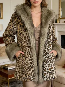 VVZ Women's Mid-Length Leopard Print Fur Coat - Long Sleeve, Stylish & Trendy, Warm & Comfortable, Versatile for Various Occasions, Chic Statement Piece   Outfits Style    TikTokShopBlackFriday