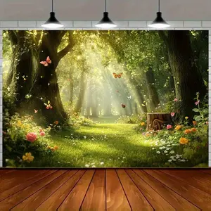 2D flat banner, 1pc, Enchanted Forest Photography Backdrop Wedding Party Backdrop with Butterflies, Flowers & Sunlit Path - High-Quality Fabric Prop for Weddings, Birthdays, Parties - Multiple Sizes Available Wedding Decorations wjt