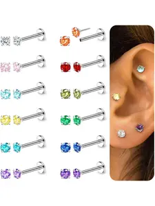20G Threadless Flat Back Earring for Women Men, Hypoallergenic Surgical Steel Push in Flatback Stud Earrings, Cartilage Helix Tragus Conch Labret Nostril Piercing Jewelry