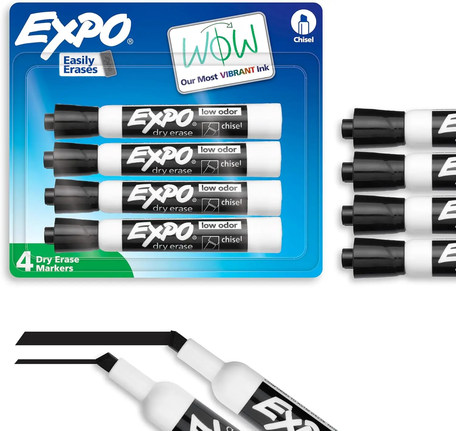 EXPO Dry Erase Markers, Low Odor Ink, Black, Chisel Tip, 4 Count - Whiteboard, Calendar, Organization, Essential Supplies for Office, School, Classroom, Teachers
