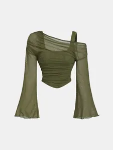 1 Spring Summer Plus Size Off Shoulder Crop Top Women | Sheer Mesh Flared Long Sleeve Ruched Cropped Top | Y2K Baddie Coquette Casual Style for Date Night Club Party Going Out Wear