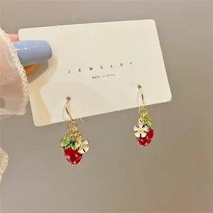 Dainty Dangle Earrings for Women, Cute Acrylic Strawberry & Flower Cluster with Green Crystal Accents, Candy Themed Costume Jewelry, Flower Cluster Earrings