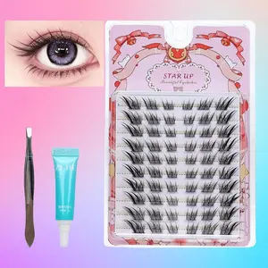 60 natural clustered eyelashes+eyelash glue+special eyelash curler - fox eye and cat eye appearance, mixed length, suitable for various shapes, DIY comic style eyelash extension suitable for various occasions, Eyelash Clusters