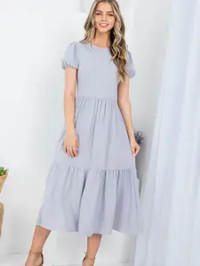 Women's Short Sleeve Round Neck Open back with Tie tier Maxi Dress