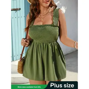 Plus Size Solid Color Tank Romper, Casual Pocket Romper for Summer, Women’s Clothing for Everyday Wear