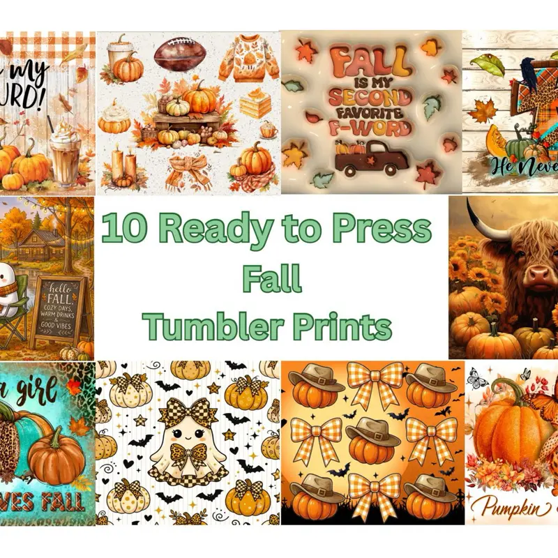 10 Pack Fall Season-Inspired Tumbler Sublimation Prints Bundle | Ready to Press 20oz Skinny Wraps | DIY Cup Transfers for Pumpkin Lovers