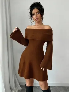 Women’s Elegant Off-Shoulder Knit Sweater Dress – Long Sleeve Ribbed Mini Dress with Cinched Waist and Flared Hem, Cozy Feminine Style