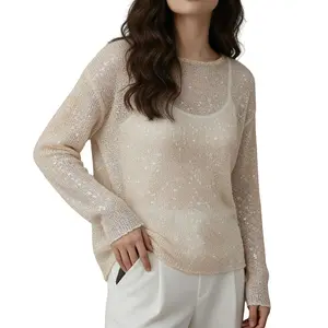 Women Long Sleeve Sheer Sequin Knit Top Boat Neck Relaxed Fit Open Mesh Knit Casual Shirts Beige S