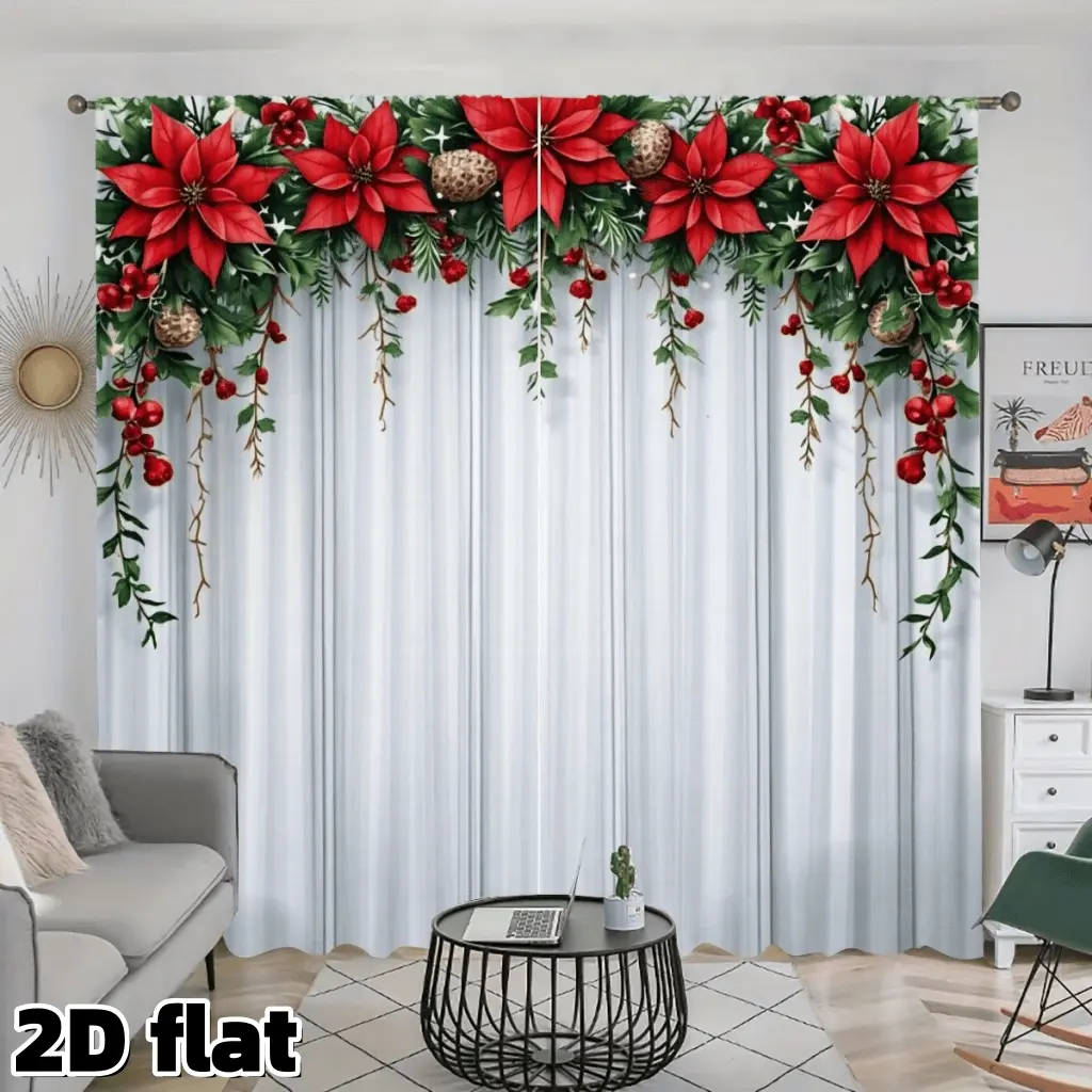 2D Flat 2Pcs Christmas Poinsettia Floral Curtains Red Berry Pine Cone Pattern Semi Sheer Rod Pocket Curtain Panels Home Decoration Curtain White Background Holiday Theme Decorative Window Treatment for Living Room Bedroom Kitchen Dining Home Decor Gift