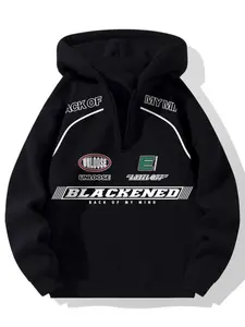 Men's Fall Winter Hooded Half-Zip Long Sleeve Motorcycle Racing Jacket, Riding Jacket, Casual Loose Fit Sportswear, Versatile Autumn Winter Clothing